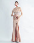 Fur and Rhinestone Cocktail Thigh Slit Gown