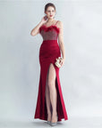 Fur and Rhinestone Cocktail Thigh Slit Gown