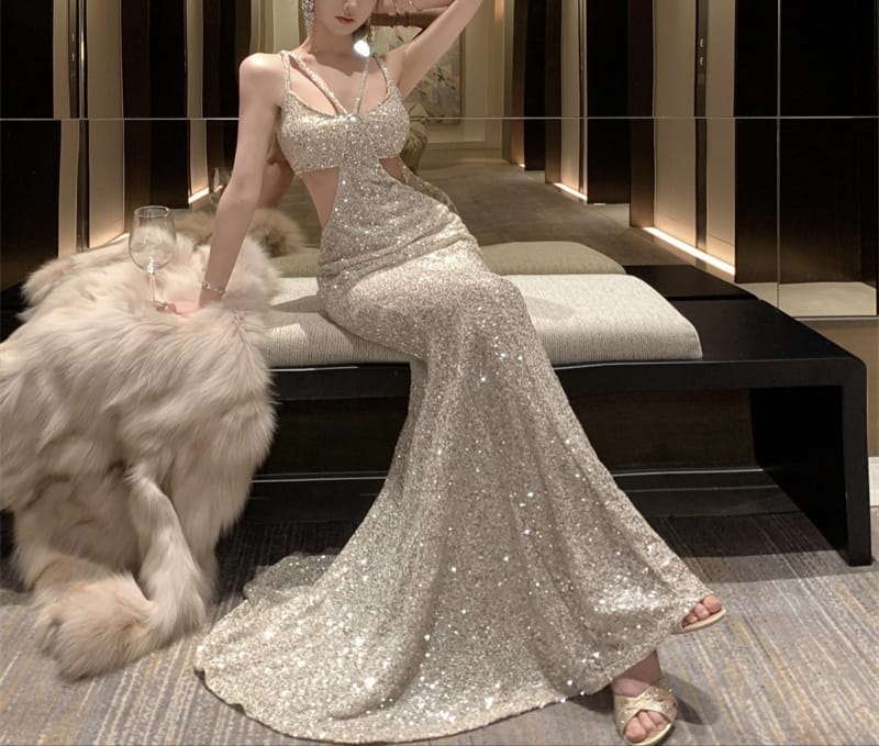 VERV sparkling silver cutout evening gown 