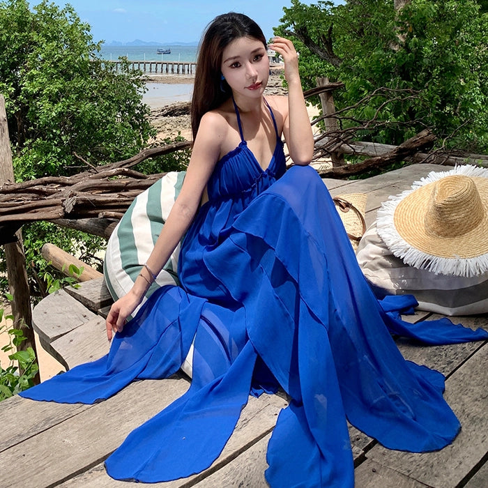 flared beach dress New Women's Boho Maxi Lace V Neck Flare Sleeve Dress Summer Party Beach Sundress