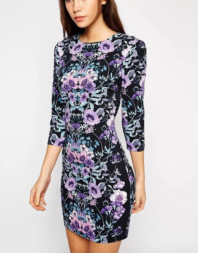 Purple Printed Back Cut Out Short Dress