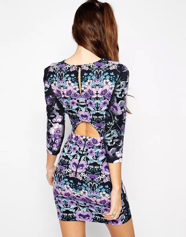 Purple Printed Back Cut Out Short Dress