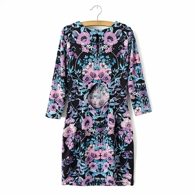 Purple Printed Back Cut Out Short Dress