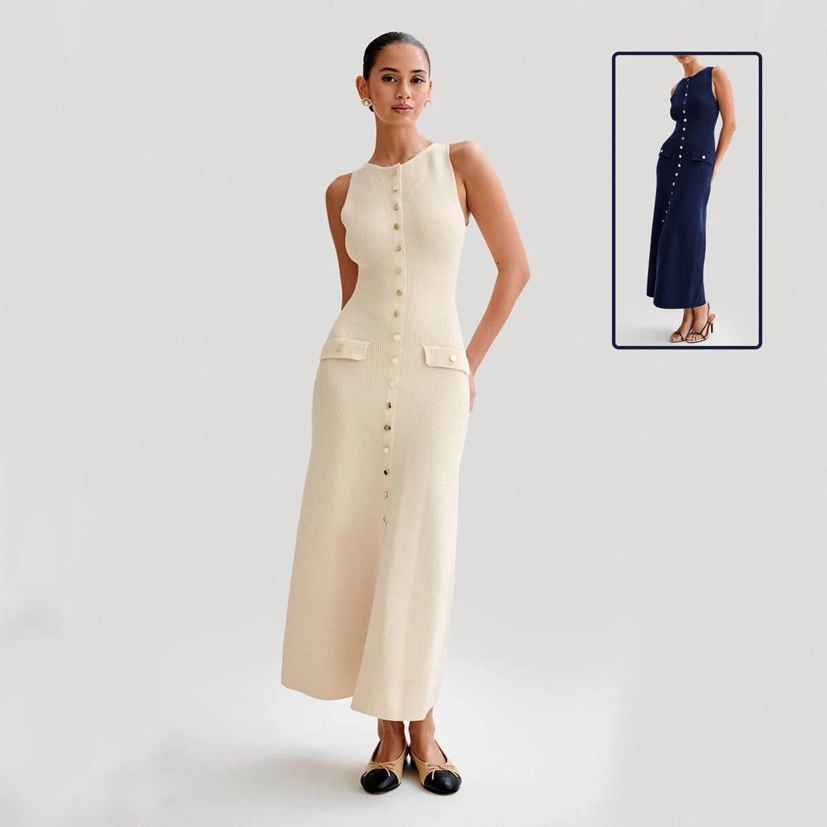 VERV Beige sleeveless knit maxi dress with buttons