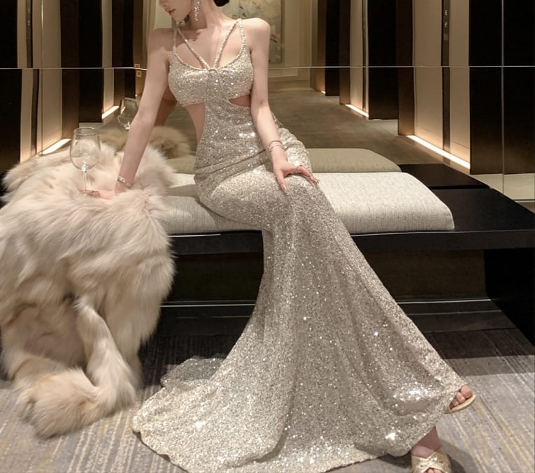 VERV sparkling silver cutout evening sequin gown 