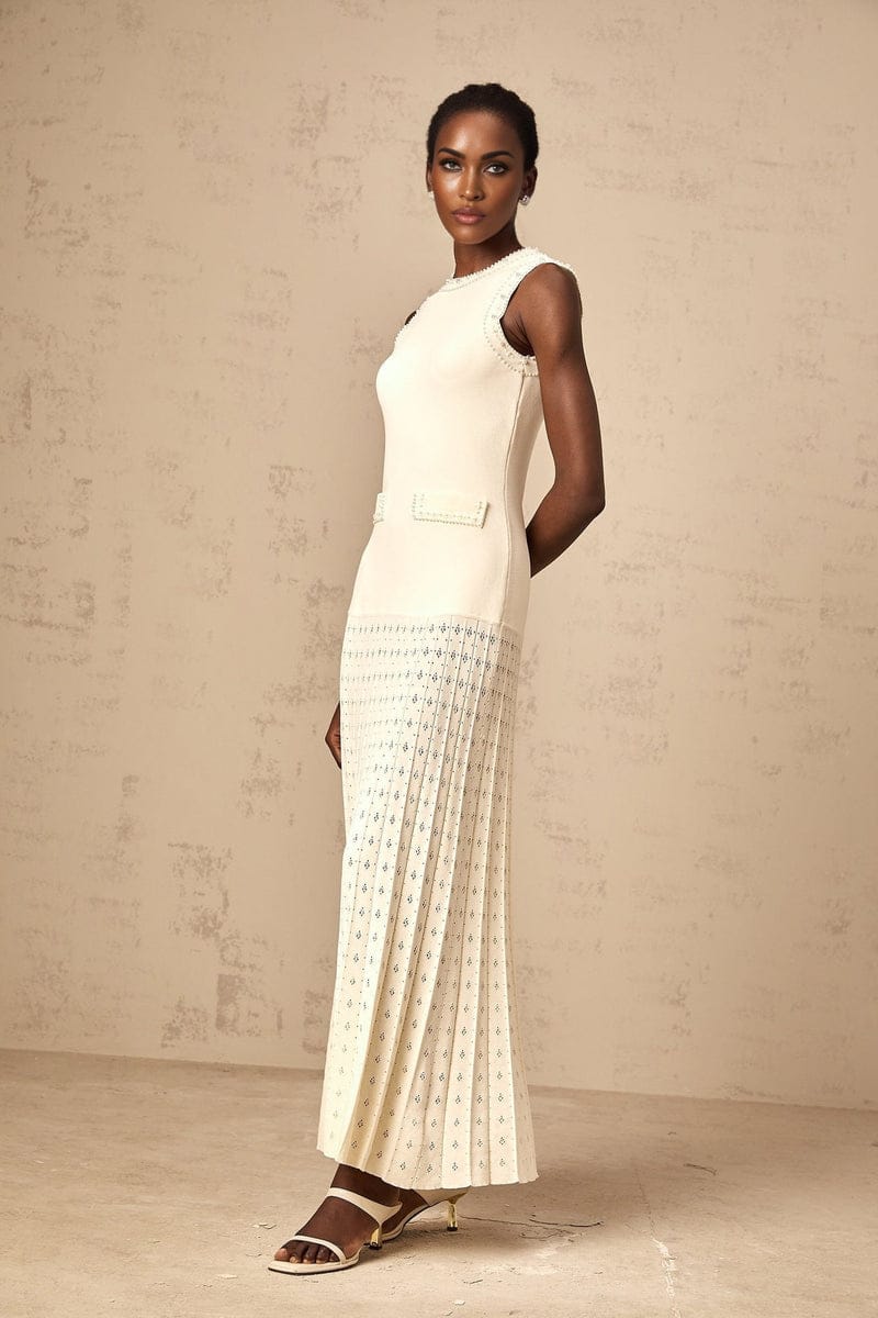VERV Sondra Beige Beaded Knit Pleated Maxi Dress