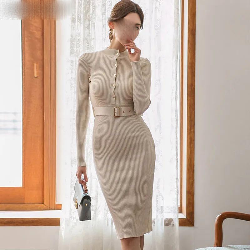 VERV Beige Knit Bodycon Midi Dress with belt