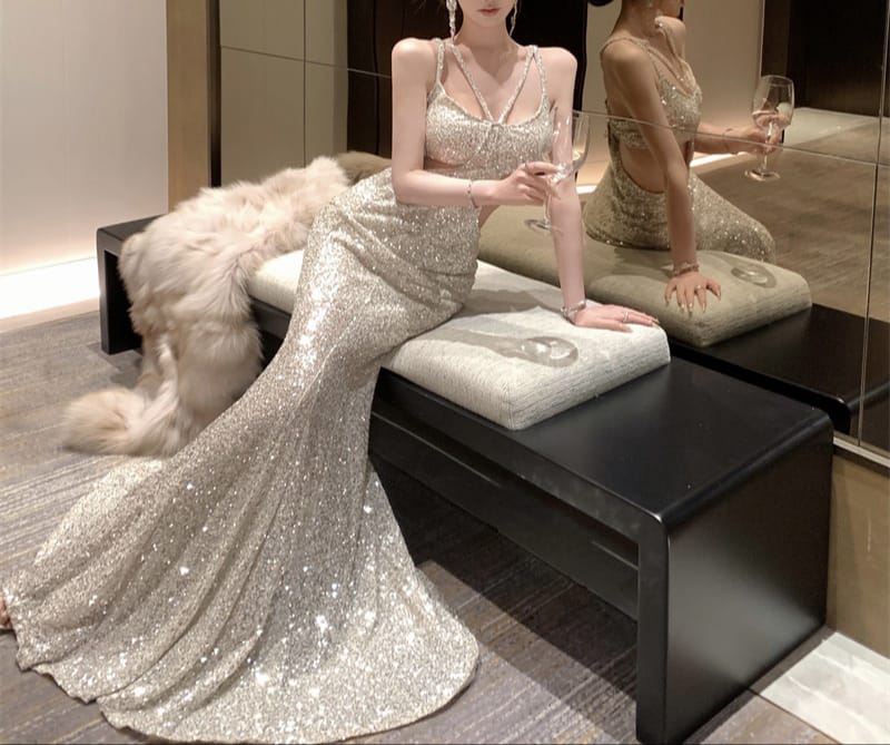 VERV sparkling silver cutout evening sequin gown