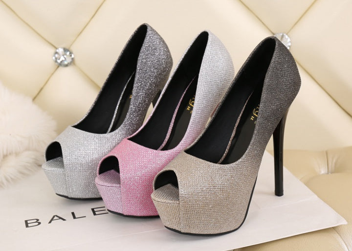 Gold glitter ombré peep-toe platform stiletto heels with 14 cm heel