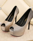 Gold glitter ombré peep-toe platform stiletto heels with 14 cm heel