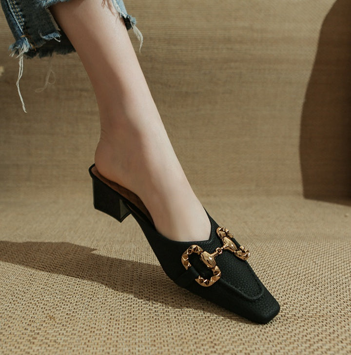 CD Gold Buckled Black Mule Heels