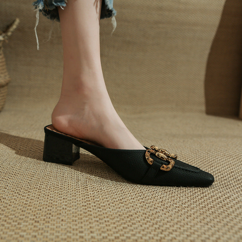 CD Gold Buckled Black Mule Heels