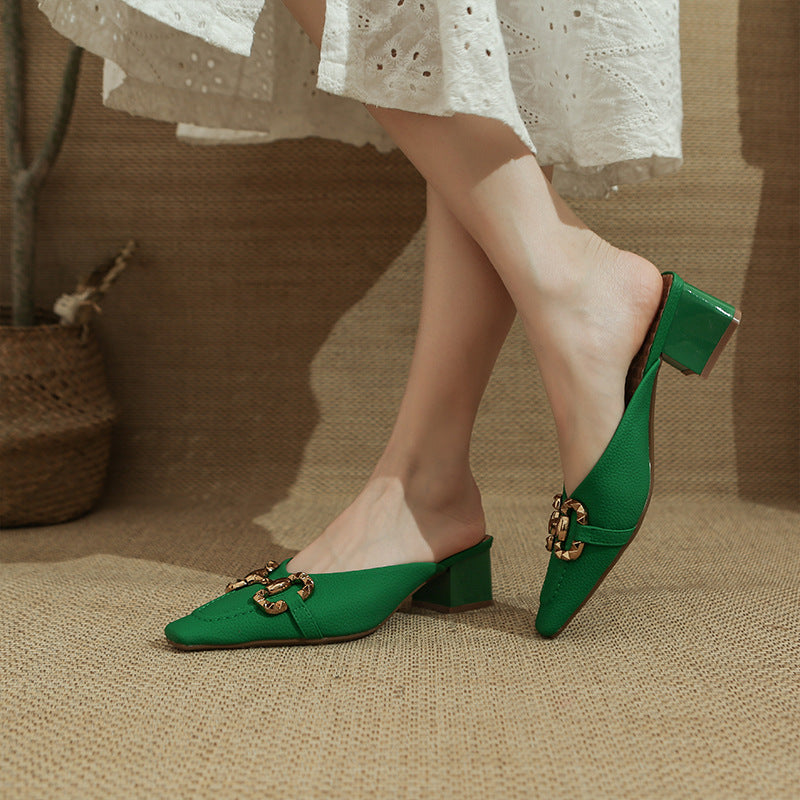 CD Gold Buckled Green Mule Heels