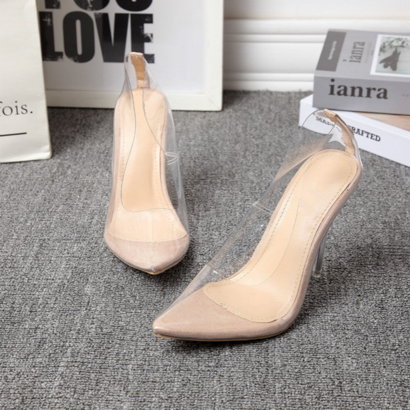 Nude pointed-toe stiletto heels with clear transparent side panels and clear heel