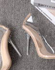 Nude pointed-toe stiletto heels with clear transparent side panels and clear heel
