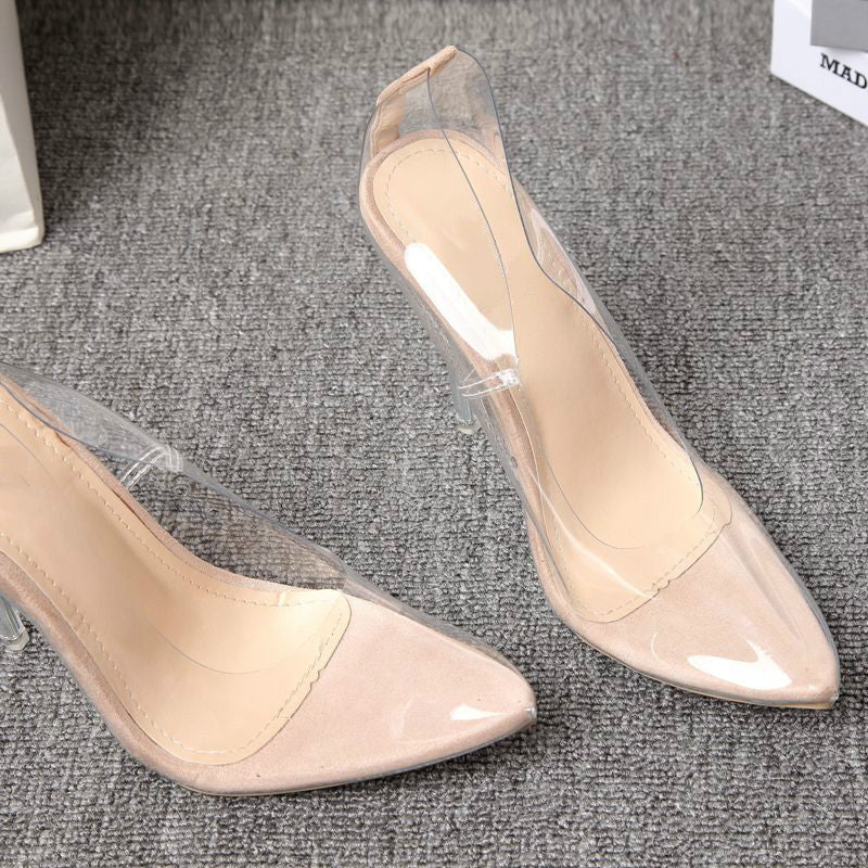Nude pointed-toe stiletto heels with clear transparent side panels and clear heel