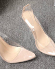 Nude pointed-toe stiletto heels with clear transparent side panels and clear heel