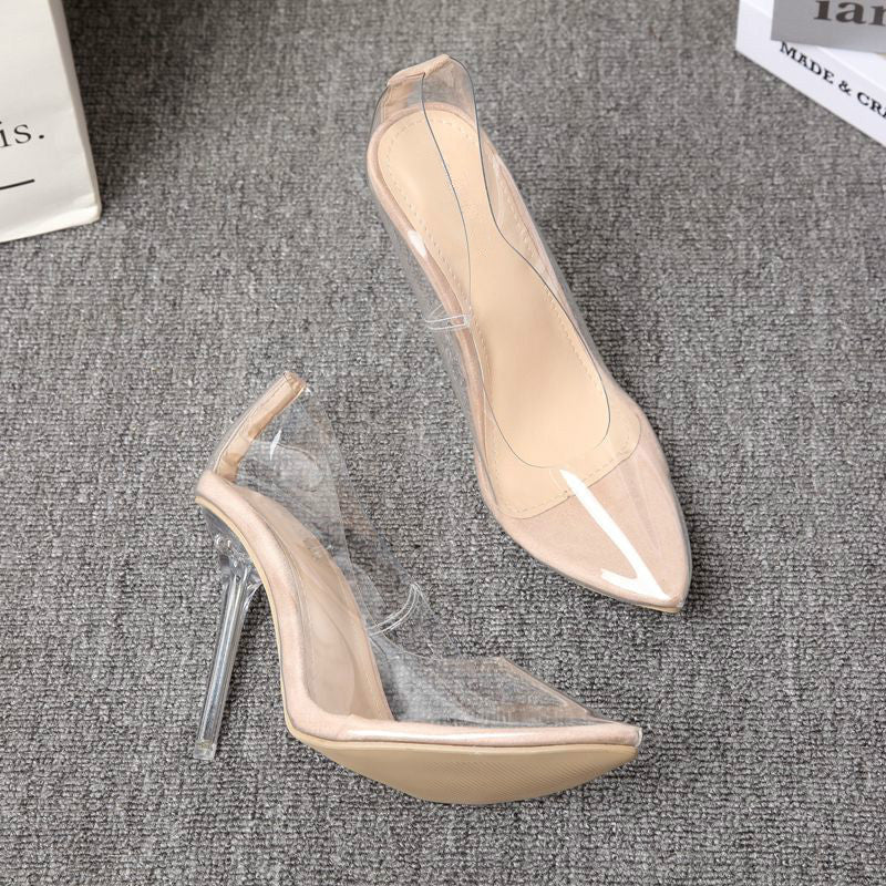 Nude pointed-toe stiletto heels with clear transparent side panels and clear heel