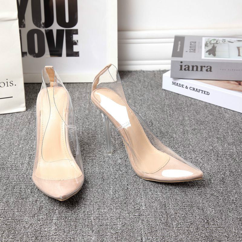 Nude pointed-toe stiletto heels with clear transparent side panels and clear heel