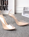 Nude pointed-toe stiletto heels with clear transparent side panels and clear heel