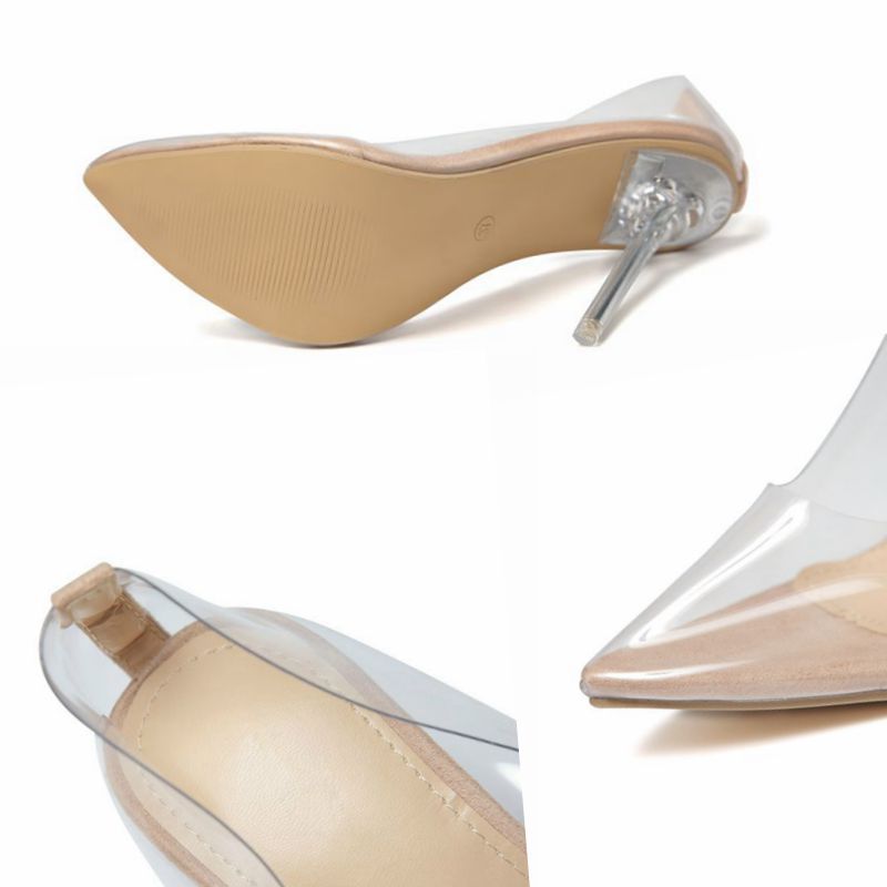 Nude pointed-toe stiletto heels with clear transparent side panels and clear heel