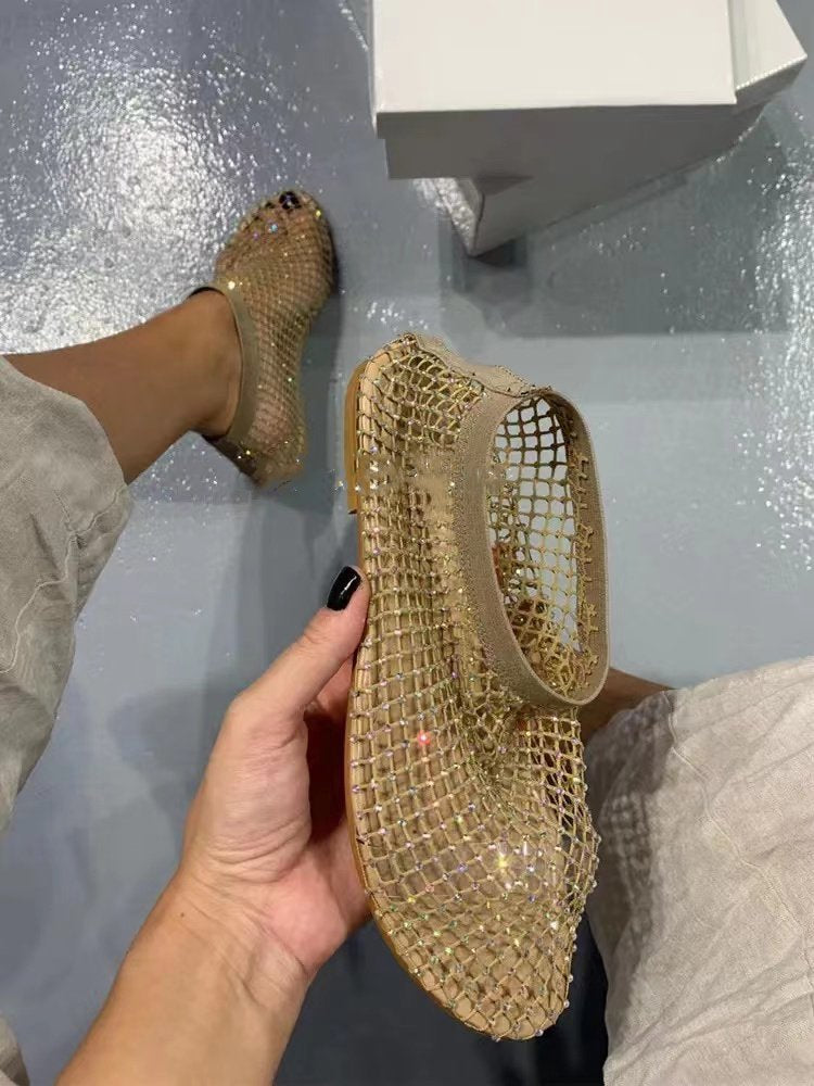 Black mesh shoes with rhinestone embellishments 