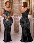 Black Rhinestone Studded Onw Shoulder Gown