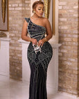 Black Rhinestone Studded Onw Shoulder Gown