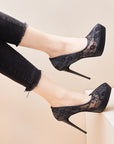 Black floral lace overlay pointed-toe platform stiletto heels with 12 cm heel