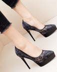 Black floral lace overlay pointed-toe platform stiletto heels with 12 cm heel