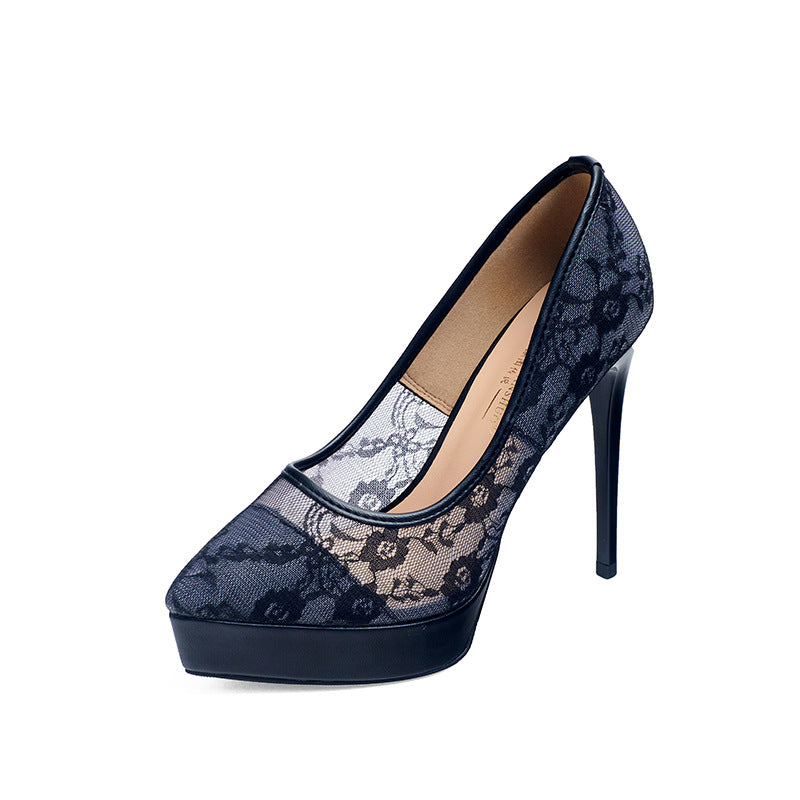 Black floral lace overlay pointed-toe platform stiletto heels with 12 cm heel
