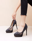 Black floral lace overlay pointed-toe platform stiletto heels with 12 cm heel