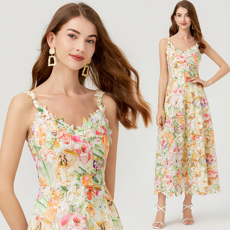 Multicolor Lace Embroidery Maxi Dress
