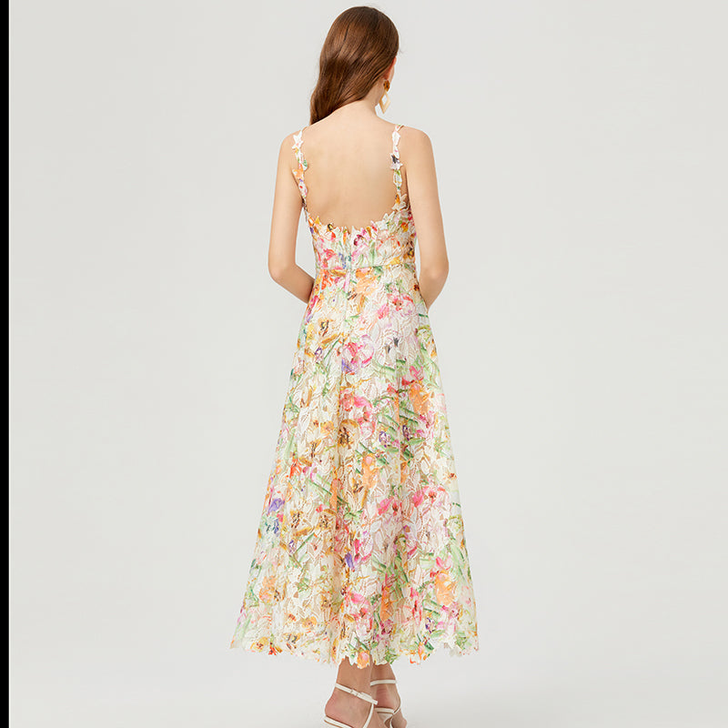 Multicolor Lace Embroidery Maxi Dress