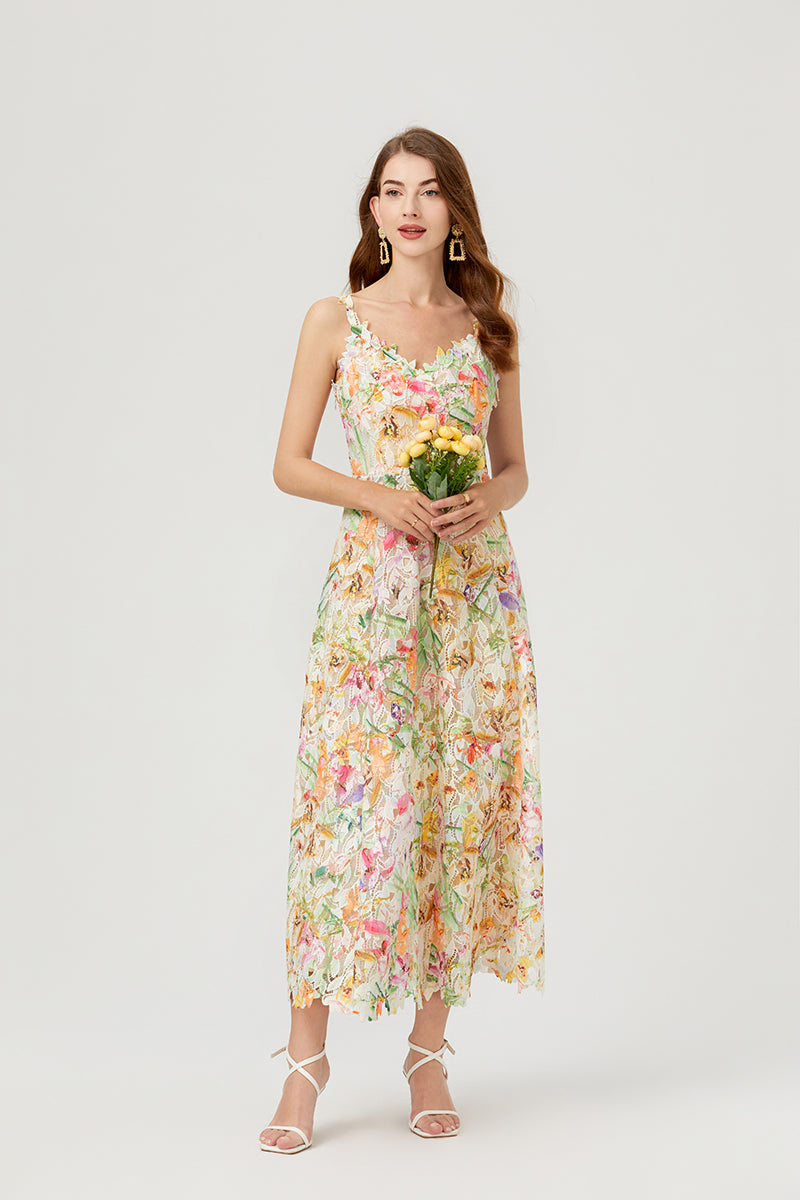 Multicolor Lace Embroidery Maxi Dress