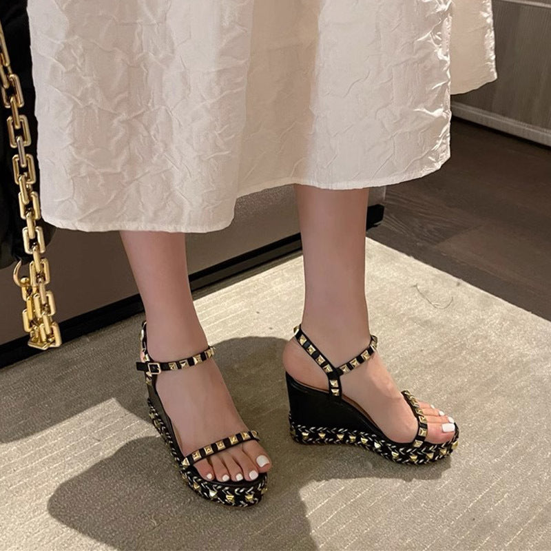 Black Rivet Studded Wedge Heels
