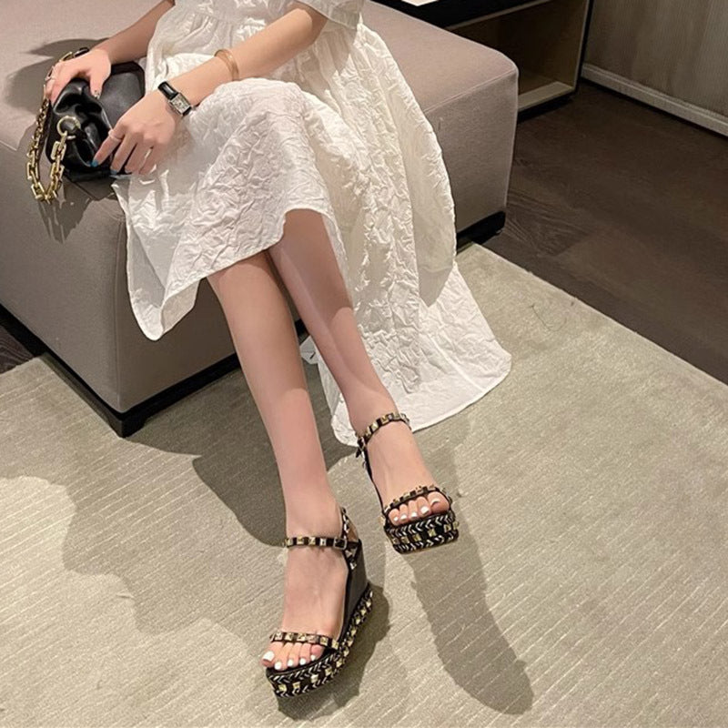 Black Rivet Studded Wedge Heels