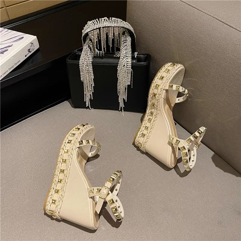 Beige Rivet Studded Wedge Heels