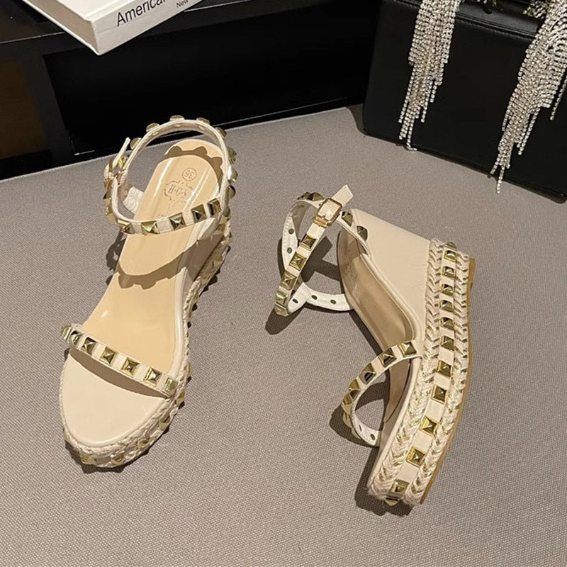 Beige Rivet Studded Wedge Heels