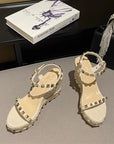 Beige Rivet Studded Wedge Heels