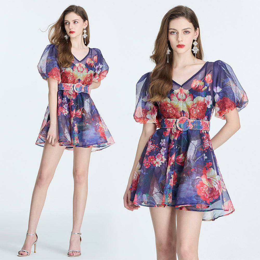 Floral Printed Gauze Mini Dress With Slip