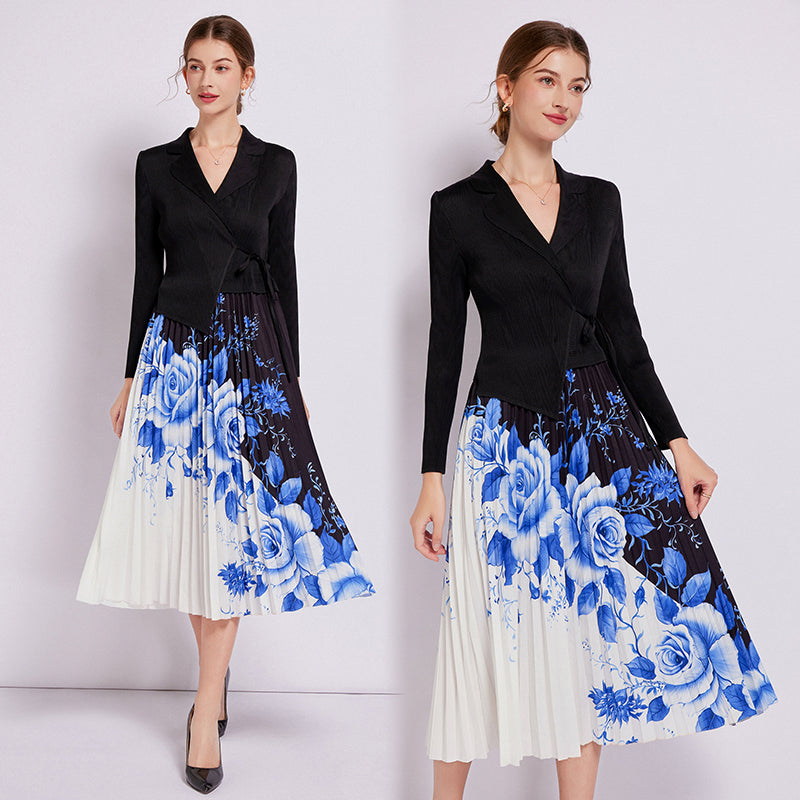 knit Blouse and Pleated Floral Printed Skirt