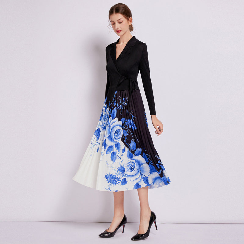 knit Blouse and Pleated Floral Printed Skirt