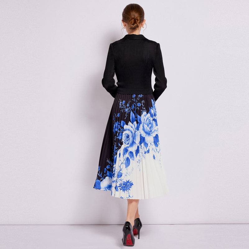 knit Blouse and Pleated Floral Printed Skirt