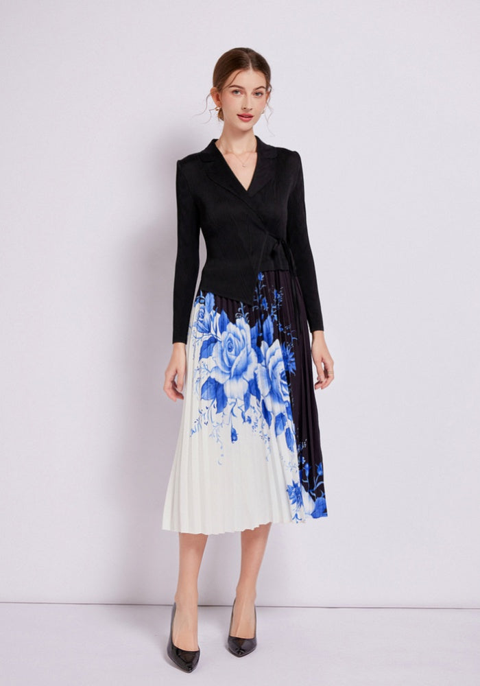 knit Blouse and Pleated Floral Printed Skirt