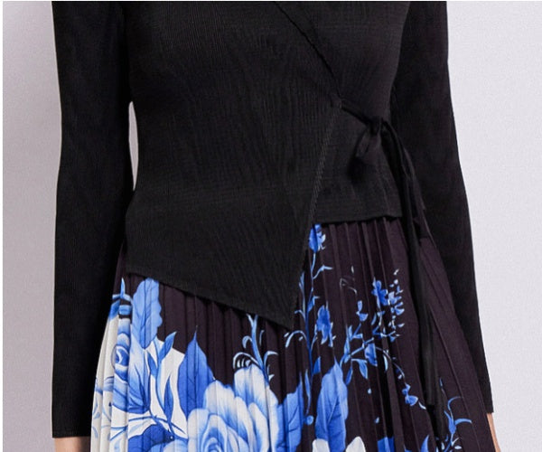 knit Blouse and Pleated Floral Printed Skirt