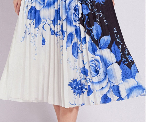 knit Blouse and Pleated Floral Printed Skirt