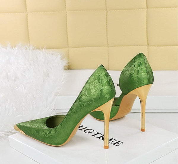 Green floral satin pointed-toe d’Orsay stiletto heels with gold metal toe cap