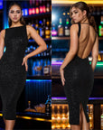 Black Sequin Backless Midi Dress