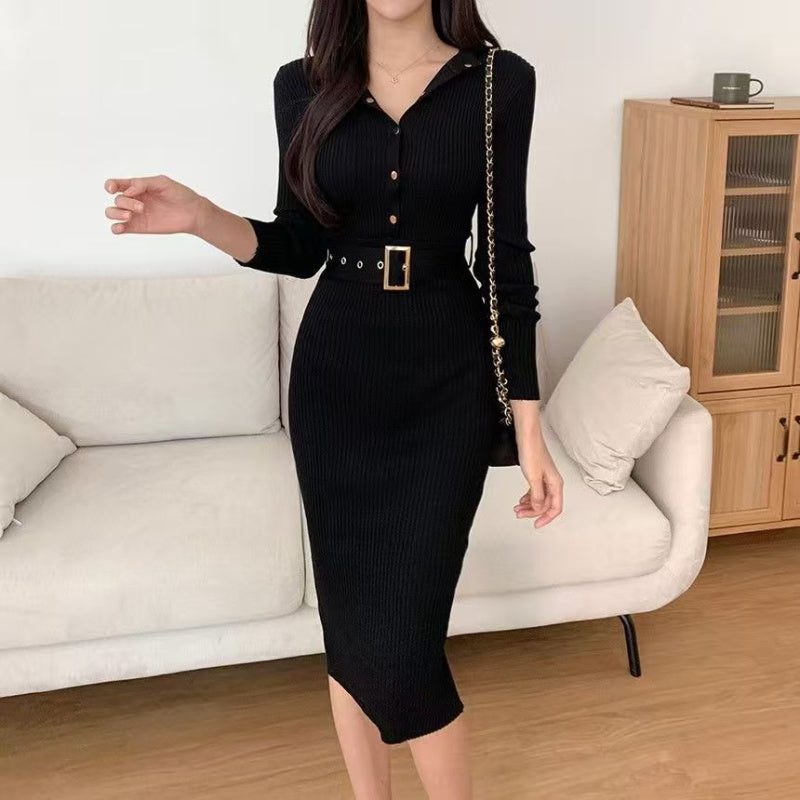 VERV Black Knit Bodycon Midi Dress with belt